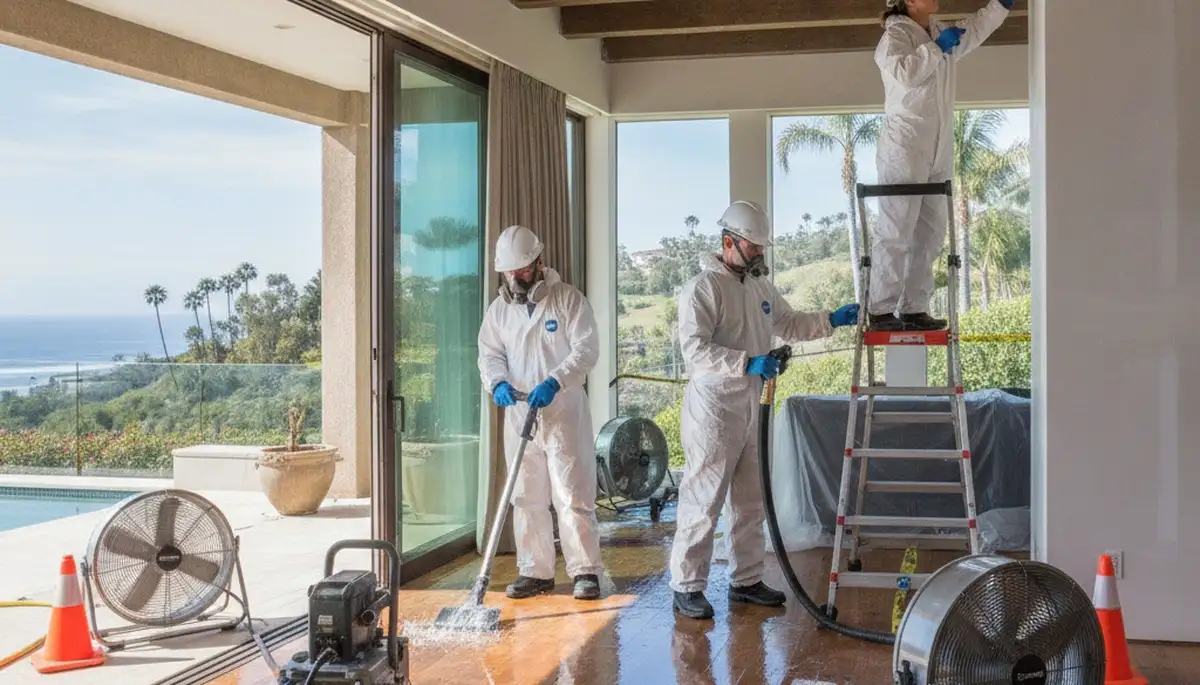 Water damage restoration team in Thousand Oaks, CA inspecting a flooded home dry-out site